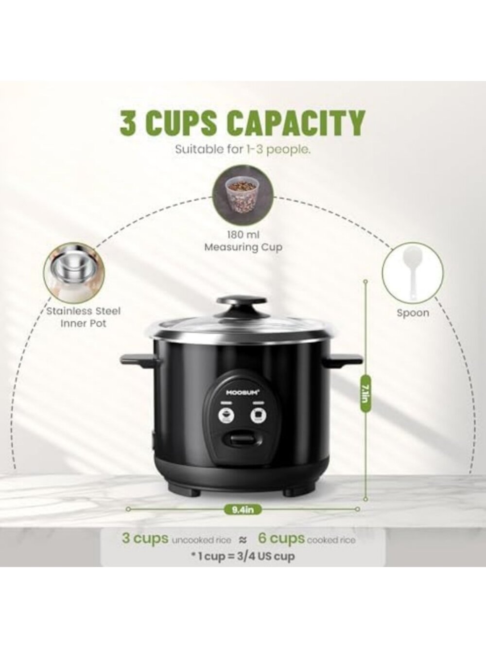Compact 3-Cup Rice Cooker with Stainless Steel Pot, One-Touch Multifunction - Picture 4 of 6